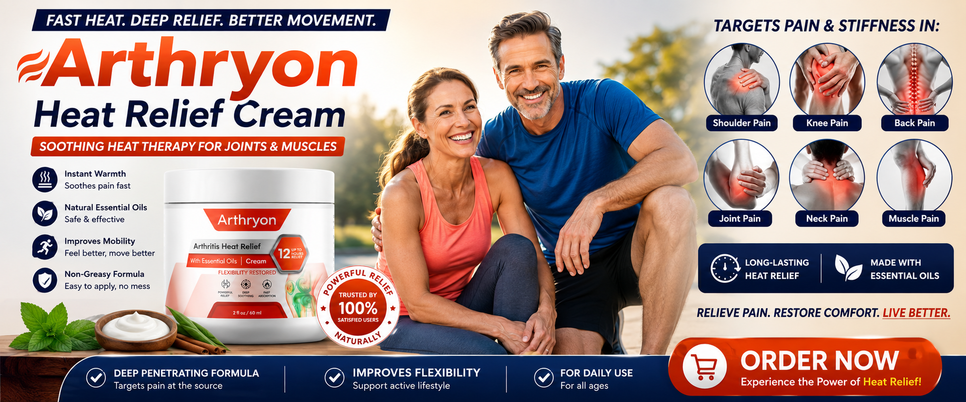 Arthryon Heat Relief Cream jar with couple enjoying pain-free movement